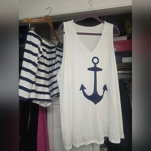 White Tank Top with Navy Anchor Design stripe matching shorts